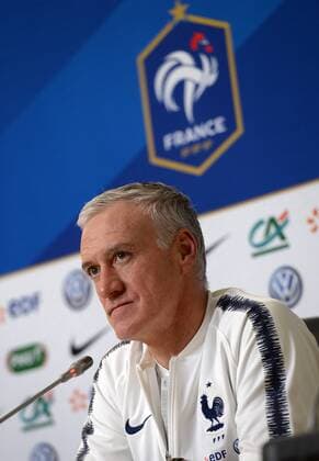 Russia. St. Petersburg. March 26, 2018. The soccer head coach of French national team Nationalteam Didier Deschamps at the press conference PK Pressekonferenz devoted to the forthcoming friendly match on soccer between Russian national teams and France at St. Petersburg stadium.