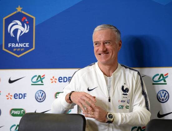 Russia. St. Petersburg. March 26, 2018. The soccer head coach of French national team Nationalteam Didier Deschamps at the press conference PK Pressekonferenz devoted to the forthcoming friendly match on soccer between Russian national teams and France at St. Petersburg stadium.