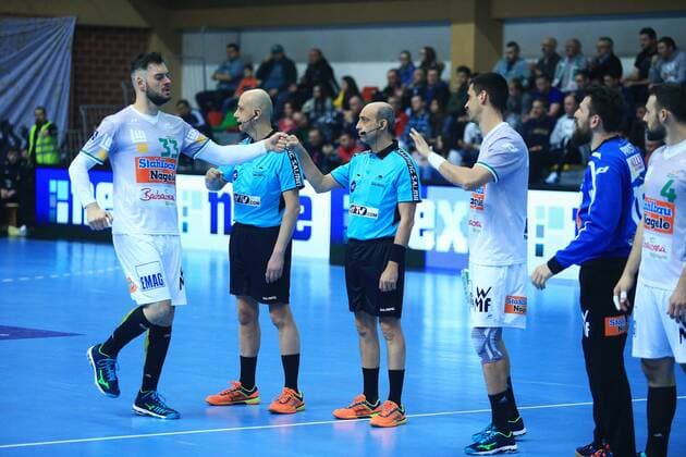 EHF cup, RK Nexe - Frisch Auf Frisch Auf Goeppingen 26.03.2018., Nasice, Croatia - EHF cup, group C, round 5, RK Nexe - Frisch Auf Goeppingen. Jens Schongarth, Konstantions Katsikis, Michalis Michailidis  DavorxJavorovic PIXSELL