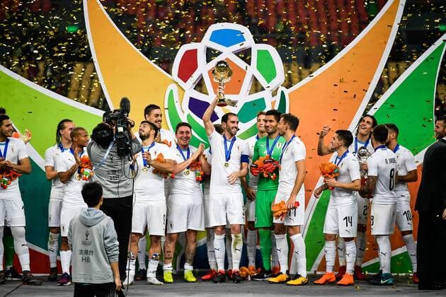 Players of Uruguay national football team take part in the champion award ceremony for the 2018 Gree China Cup International Football Championship in Nanning city, south China s Guangxi Zhuang Autonomous Region, 26 March 2018. Uruguay won the final by 1-0 against Wales and claimed the title of the event. Uruguay claims title of 2018 China Cup Int l Football Championship in Nanning  20180326_53400