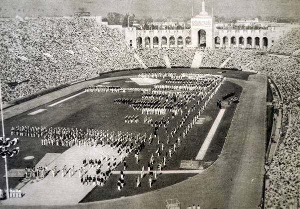 The 1932 Los Angeles Olympic opening ceremony held in the Olympic Stadium. 100,000 spectators and 2000 athletes from 50 nations. Dated 20th Century 82514245st