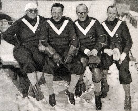 Photograph of the German Bobsleigh team at the 1932 winter Olympic Games Olympische Spiele Olympia OS (from left to right) Hans Kilian (1905 - 1981), Max Ludwig (1896 - unknown), Hans Mehlhorn (1900 - 1983) and Sebastian Wastl Huber (1901 - 1985). 82514550st