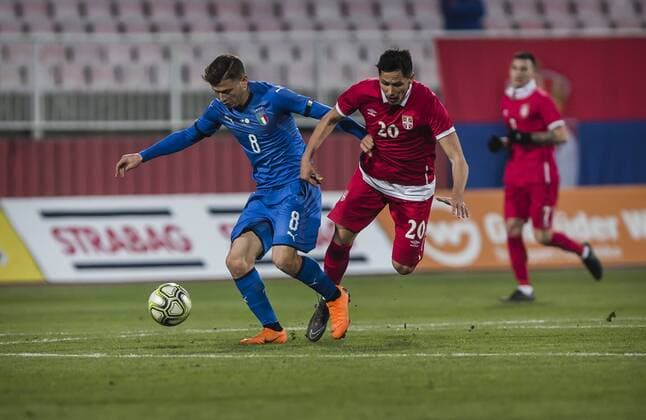 27th March 2018, Karadjorde Stadium, Novi Sad, Serbia; Under 21 International Football Friendly, Serbia U21 U 21 versus Italy U21; Midfielder Nicolo Barella of Italy in action against Midfielder Sasa Lukic of Serbia  ActionPlus12006033