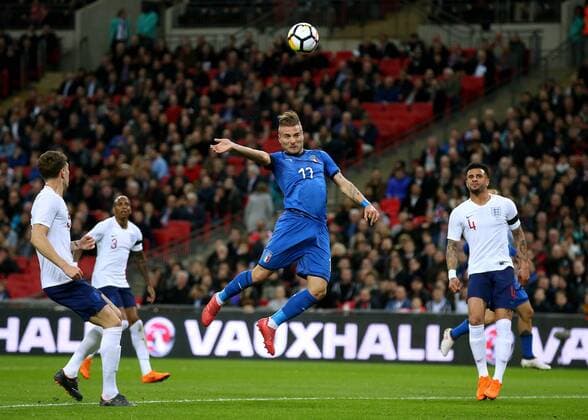 27th March 2018, Wembley Stadium, London, England; International Football Friendly, England versus Italy; Ciro Immobile of Italy with a header but goes over the goal  ActionPlus12006067
