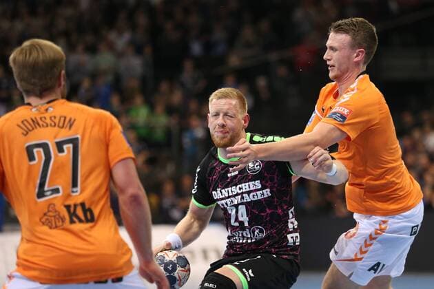 SG Flensburg-Handewitt - IFK Kristianstad, EHF Champions League; Flensburg, 28.03.18 Flensburg, 28.03.18, Handball, VELUX EHF Champions League, Saison 2017 2018, Achtelfinale, SG Flensburg-Handewitt - IFK Kristianstad : Jim Gottfridsson (SG Flensburg-Handewitt, 24), Philip Henningsson(IFK Kristianstad, 06), Gunnar Steinn Jonsson (IFK Kristianstad, 27)