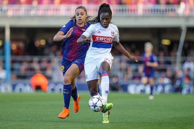 28th March 2018, Mini Estad, Barcelona, Spain; Womens Champions League football, quarter final, 2nd leg, Barcelona Women versus Lyon Women; Martens of FC Barcelona Barca and Griedge Mbock of Olimpique de Lyon challenge for the ball  ActionPlus12006329
