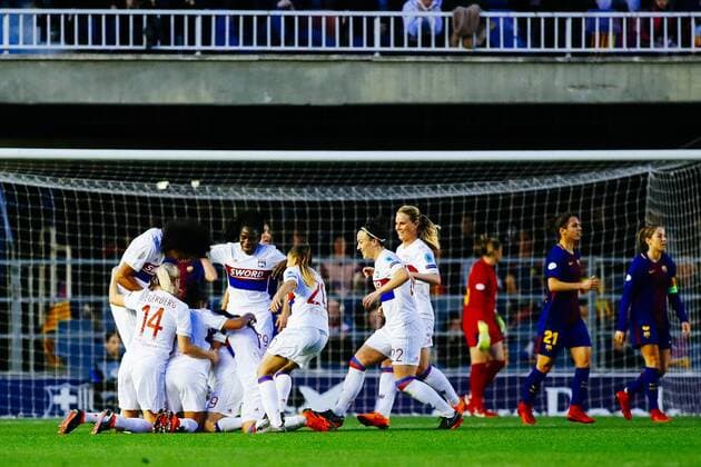 28th March 2018, Mini Estad, Barcelona, Spain; Womens Champions League football, quarter final, 2nd leg, Barcelona Women versus Lyon Women; Eug& xe9;nie Le Sommer of Olympique Lyonnais celebrates scoring her goal for 0-1  ActionPlus12006343