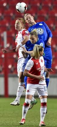 From front: Aneta Dedinova of Slavia, Isabel Kerschowski of Wolfsburg, Tereza Kozarova of Slavia and Alexandra Popp of Wolfsburg in action during the UEFA Women s Champions League quarterfinal match SK Slavia Praha vs VfL Wolfsburg, in Prague, Czech Republic, March 28, 2018. (CTKxPhoto VitxSimanek) CTKPhotoP201803281042101  VIS 006