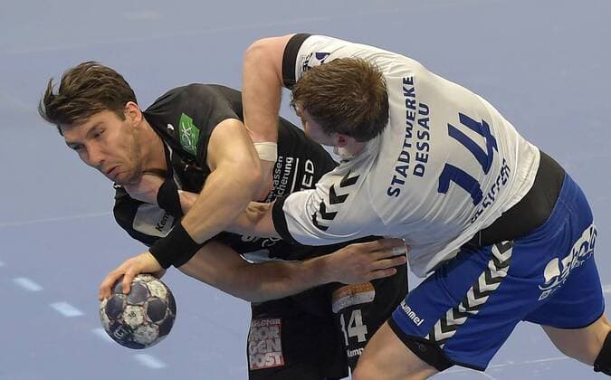 29.03.2018, Handball, 2. Bundesliga, HC Elbflorenz Dresden - Dessau-Rosslauer HV 24:21, Dresdens Sebastian Gress und Dessaus Florian Pfeifer, c