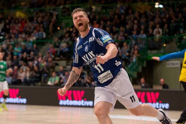 Torjubel Arnor Thor Gunnarsson ( 11, Bergischer HC) Bergischer HC vs. DJK Rimpar Wölfe, Handball, 2. Handball Bundesliga, 31.03.18 Wuppertal NRW Deutschland Uni-Halle