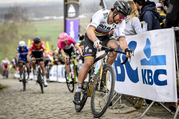 (L-R) Belgian Philippe Gilbert of Quick-Step Floors, Belgian Tiesj Benoot of Lotto Soudal, Belgian Sep Vanmarcke of EF Education First - Drapac Cannondale and Slovakian Peter Sagan of Bora-Hansgrohe pictured in action during the 102nd edition of the Ronde van Vlaanderen - Tour des Flandres - Tour of Flanders one day cycling race, 264,7km from Antwerp to Oudenaarde, Sunday 01 April 2018. DIRKxWAEM  x05322507x