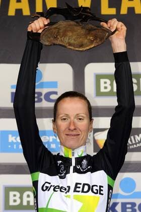 - OUDENAARDE, BELGIUM: German Judith Arndt of team GreenEdge celebrates her victory on the podium after winning the 9th edition of the Ronde van Vlaanderen - Tour des Flandres - Tour of Flanders for women, a one day cycling race, 127 km with start and finish in Oudenaarde, Sunday 01 April 2012. DIRKxWAEM  x34261343x