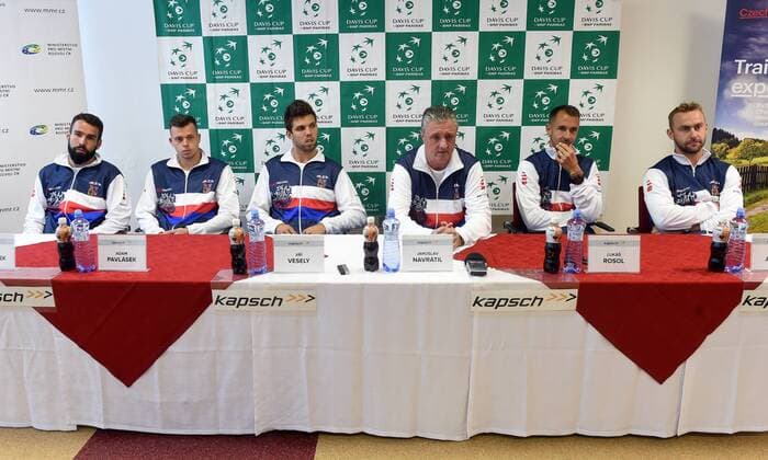 Czech tennis players L-R Vaclav Safranek, Adam Pavlasek, Jiri Vesely, Jaroslav Navratil (not playing captain), Lukas Rosol and Roman Jebavy attend the press conference PK Pressekonferenz prior to the Davis Cup match Czech Republic vs Israel, in Ostrava, Czech Republic, on April 3, 2018. (CTKxPhoto JaroslavxOzana) CTKPhotoP201804030403201  JAO 01