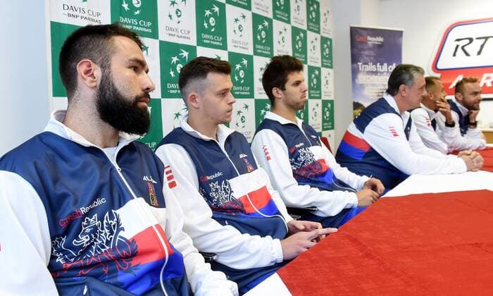 Czech tennis players L-R Vaclav Safranek, Adam Pavlasek, Jiri Vesely, Jaroslav Navratil (not playing captain), Lukas Rosol and Roman Jebavy attend the press conference PK Pressekonferenz prior to the Davis Cup match Czech Republic vs Israel, in Ostrava, Czech Republic, on April 3, 2018. (CTKxPhoto JaroslavxOzana) CTKPhotoP201804030403301  JAO 02