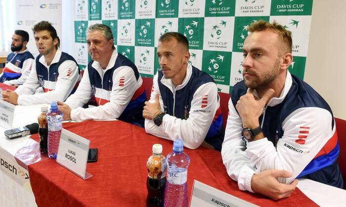 Czech tennis players L-R Vaclav Safranek, Jiri Vesely, Jaroslav Navratil (not playing captain), Lukas Rosol and Roman Jebavy attend the press conference PK Pressekonferenz prior to the Davis Cup match Czech Republic vs Israel, in Ostrava, Czech Republic, on April 3, 2018. (CTKxPhoto JaroslavxOzana) CTKPhotoP201804030412901  JAO 04