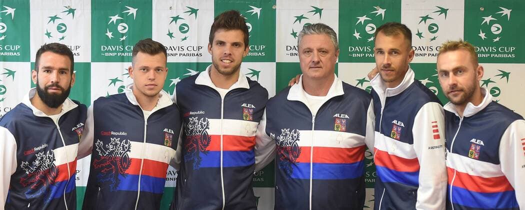 Czech tennis players L-R Vaclav Safranek, Adam Pavlasek, Jiri Vesely, Jaroslav Navratil (not playing captain), Lukas Rosol and Roman Jebavy pose during the press conference PK Pressekonferenz prior to the Davis Cup match Czech Republic vs Israel, in Ostrava, Czech Republic, on April 3, 2018. (CTKxPhoto JaroslavxOzana) CTKPhotoP201804030466501  JAO 18