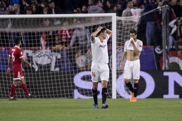 April 3, 2018 - Seville, Spain - JESUS NAVAS of Sevilla (C ) laments after missing a chance at goal during the UEFA Champions League Quarter-finals (first leg) match between Sevilla FC and FC Bayern Munchen at Estadio Ramon Sanchez Pizjuan Soccer 2018 - Sevilla FC vs FC Bayern Munchen - ZUMAa142 20180403_zap_a142_006 Copyright: xDanielxGonzalezxAcunax