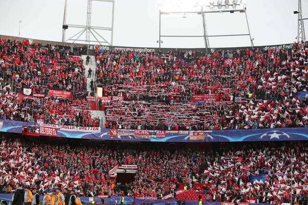 Fanbloch FC Bayern Muenchen, FC Sevilla vs. FC Bayern Muenchen, Fussball, Viertelfinale, Champions League, 03.04.2018 Sevilla Sevilla Spanien