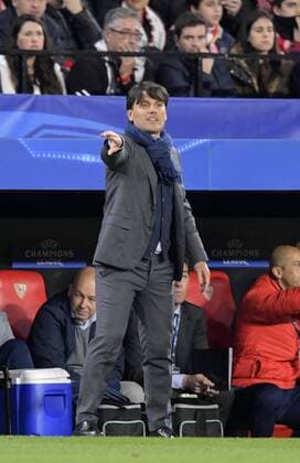 03.04.2018, Fussball UEFA Champions League 2017 2018, Viertelfinale, FC Sevilla - FC Bayern München, im Stadion Ramon Sanchez Pizjuan, Sevilla (Spanien). Trainer Vincenzo Montella (FC Sevilla) in Rage.