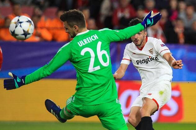 3rd April 2018, Ramon Sanchez Pizjuan, Seville, Spain; UEFA Champions League football, quarter final 1st leg, Sevilla versus Bayern Munich; Sarabia of Sevilla FC shoots past keeper Ulreich to score the first goal in the 31st minute for 1-0  ActionPlus12008152