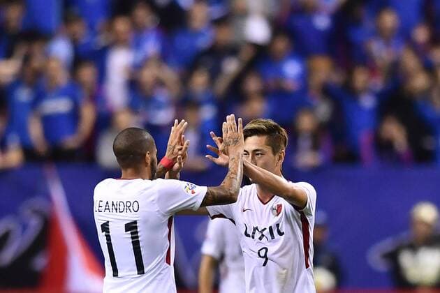 Yuma Suzuki, right, of Japan s Kashima Antlers celebrates with his teammate Leandro Moura after scoring a goal against China s Shanghai Greenland Shenhua in a Group H match during the 2018 AFC Champions League in Shanghai, China, 3 April 2018. A second-half goal and assist from Yuma Suzuki inspired Kashima Antlers to a come-from-behind 2-2 draw with Shanghai Shenhua on Matchday Five of the AFC Champions League on Tuesday. Shanghai Greenland Shenhua plays draw to Kashima Antlers at AFC group match  20180403_51003