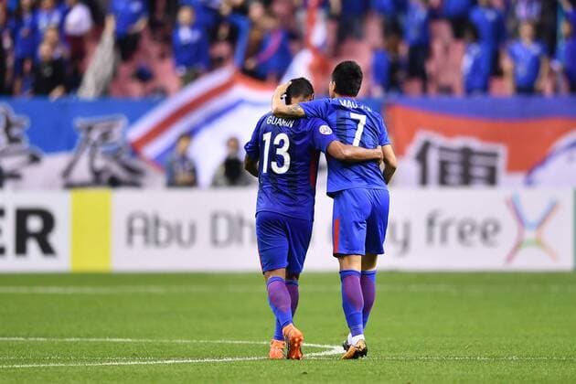 Colombian football player Fredy Guarin, left, and Chinese football player Mao Jianqing of China s Shanghai Greenland Shenhua celebrate after scoring a goal against Japan s Kashima Antlers in a Group H match during the 2018 AFC Champions League in Shanghai, China, 3 April 2018. A second-half goal and assist from Yuma Suzuki inspired Kashima Antlers to a come-from-behind 2-2 draw with Shanghai Shenhua on Matchday Five of the AFC Champions League on Tuesday. Shanghai Greenland Shenhua plays draw to Kashima Antlers at AFC group match  20180403_88107