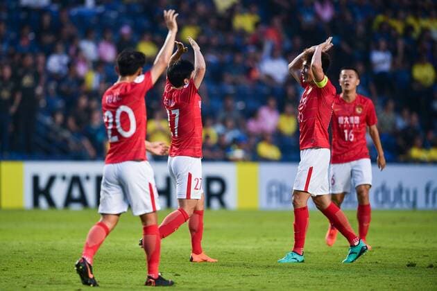 Players of China s Guangzhou Evergrande Taobao FC celebrate after scoring a goal against Thailand s Buriram United FC in a Group G match during the 2018 AFC Champions League in Buriram, Thailand, 3 April 2018. A goal from Edgar Silva earned Buriram United an important 1-1 draw against Guangzhou Evergrande at the Tianhe Stadium in their opening match in Group G of the 2018 AFC Champions League Buriram United plays draw to Guangzhou Evergrande at AFC group match  20180403_87377