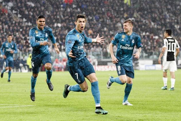 April 3, 2018 - Turin, Italy - Real Madrid forward Cristiano Ronaldo (7) celebrates after scoring his goal during the Uefa Champions League Round of 16 football match JUVENTUS - REAL MADRID at the Allianz Stadium in Turin, Italy. UEFA Soccer 2018: Real Madrid 3:0 Juventus  - ZUMAn230 20180403_zaa_n230_437 Copyright: xMatteoxBottanellix