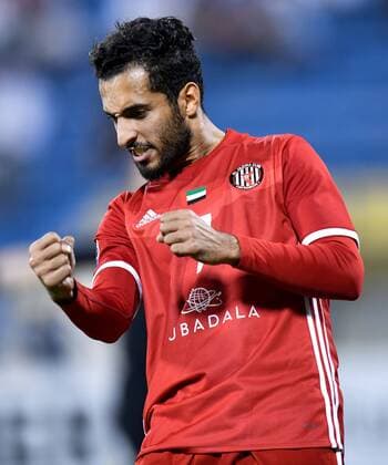 (180404) -- DOHA, April 4, 2018 -- Ali Mabkhout Al Hajeri of Al Jazira FSC celebrates after scoring the second goal against Al Gharafa during the AFC Champions League Group A soccer match between Qatar s Al Gharafa and Al Jazira FSC of the United Arab Emirates (UAE) at Thani Bin Jassim Stadium in Doha, capital of Qatar, April 3, 2018. Al Jazira FSC won 3-2. ) (SP)QATAR-DOHA-SOCCER-AFC CHAMPIONS LEAGUE Nikku 