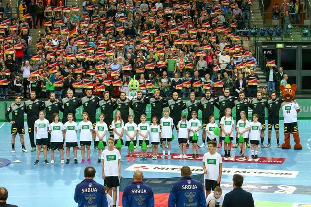 Deutschland - Serbien Handball Leipzig, 04.04.2018, Arena Leipzig, Handball, Länderspiel, Männer, Deutschland - Serbien , Im Bild: die deutsche Mannnschaft vor dem Spiel ,