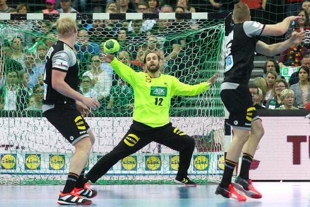 Handball: Germany vs. Serbia, Leipzig 2018 Handball Laenderspiel der Maenner: Deutschland Germany vs. Serbien Serbia am 04.04.2018 in der Arena Leipzig Germany. Im Bild: Torwart Goalkeeper Silvio HEINEVETTER ( 12, GER).