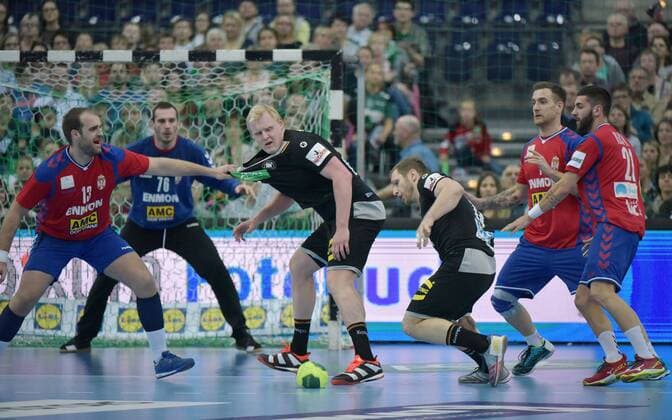 Zivan Pesic (SRB 13), Patrick Wiencek (GER 7), Steffen Weinhold (GER 17), Stefan Vujic (SRB 7), Vanja Ilic (SRB 21) (l-r) beim Spiel Deutschland (GER) vs Serbien (SRB), Handball, Laenderspiel, EHF, Testspiel, 04.04.2018 Leipzig Copyright: xEIBNER ChristianxModlax EP_CMA
