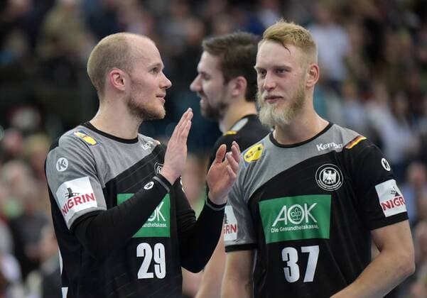 Tim Hornke (GER 29) und Matthias Musche (GER 37) nach dem Spiel Deutschland (GER) vs Serbien (SRB), Handball, Laenderspiel, EHF, Testspiel, 04.04.2018 Leipzig Copyright: xEIBNER ChristianxModlax EP_CMA