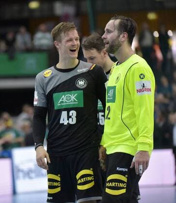 Niclas Pieczkowski (GER 43) und GER Torwart Silvio Heinevetter nach dem Spiel Deutschland (GER) vs Serbien (SRB), Handball, Laenderspiel, EHF, Testspiel, 04.04.2018 Leipzig Copyright: xEIBNER ChristianxModlax EP_CMA