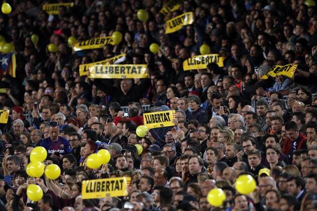 supporters of FC Barcelona Barca with banners during the UEFA Champions League quarter final match between FC Barcelona and AS Roma at the Camp Nou stadium on April 04, 2018 in Barcelona, Spain. UEFA Champions League 2017 2018 xVIxVIxImagesx xMauricexvanxSteenxIVx 10542499