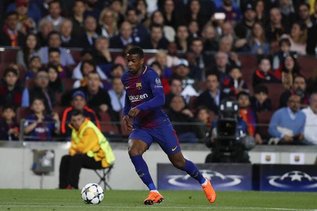 4th April 2018, Camp Nou, Barcelona, Spain; UEFA Champions League football, quarter final 1st leg, Barcelona versus AS Roma; Nelson Semedo of FC Barcelona Barca breaks forward with the ball  ActionPlus12008354