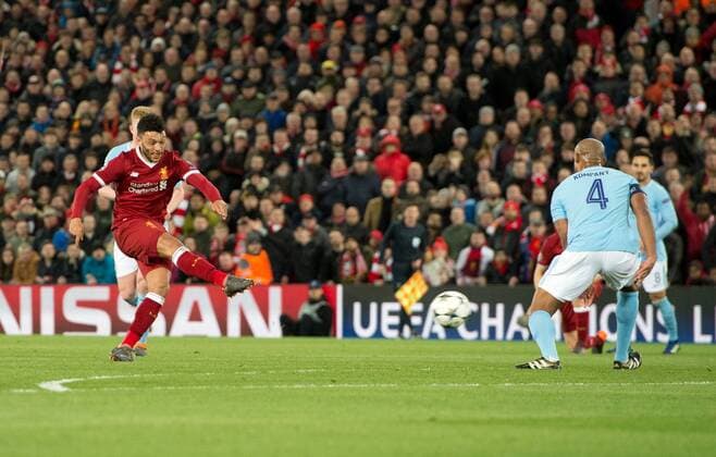Liverpool v Manchester City UEFA Champions League Quarter Final Alex Oxlade-Chamberlain of Liverpool scores his team s 2nd goal to make it 2-0 during the UEFA Champions League Quarter Final match at Anfield, Liverpool Content Not Available For UK Newspapers Copyright: xRussellxHartx FIL-11605-0003