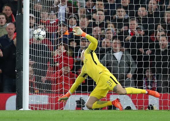 4th April 2018, Anfield, Liverpool, England; UEFA Champions League football, quarter final 1st leg, Liverpool versus Manchester City; Ederson of Manchester City is unable to stop the shot of Alex Oxlade-Chamberlain of Liverpool as Liverpool take a 2-0 lead  ActionPlus12008362