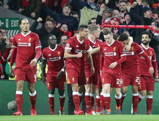4th April 2018, Anfield, Liverpool, England; UEFA Champions League football, quarter final 1st leg, Liverpool versus Manchester City; the Liverpool players celebrate taking a 2-0 lead from Oxlade-Chamberlain in the 20th minute  ActionPlus12008364