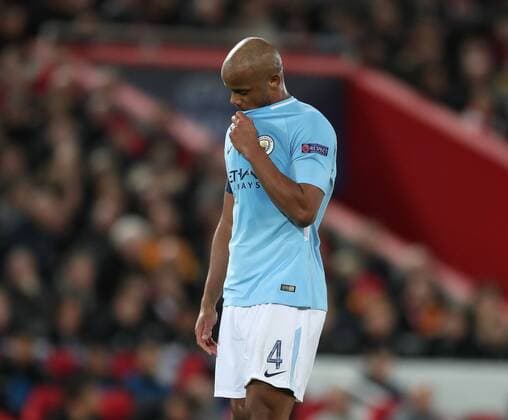 Vincent Kompany of Manchester City dejected during the Champions League Quarter Final 1st Leg, match at Anfield Stadium, Liverpool. Picture date: 4th April 2018. Picture credit should read: Simon Bellis Sportimage EDITORIAL USE ONLY. No use with unauthorised audio, video, data, fixture lists, club league logos or live services. Online in-match use limited to 120 images, no video emulation. No use in betting, games or single club league player publications.