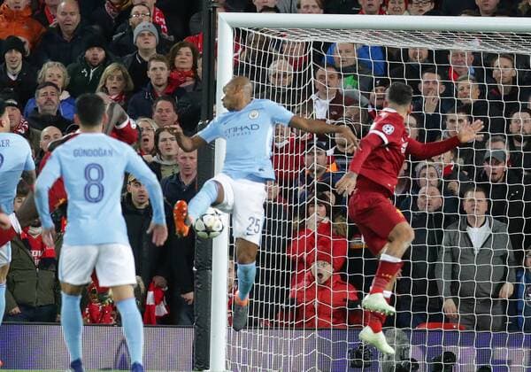 4th April 2018, Anfield, Liverpool, England; UEFA Champions League football, quarter final 1st leg, Liverpool versus Manchester City; Sadio Mane of Liverpool beats Ederson of Manchester City with a header to score Liverpool s third goal in the 31st minute  ActionPlus12008367