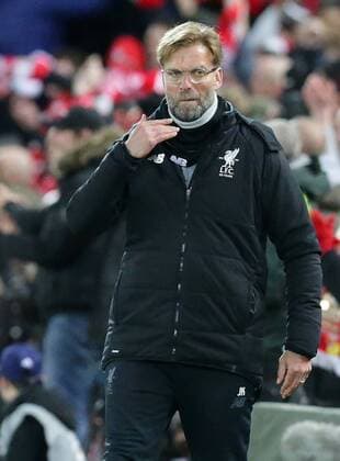Bilder des Tages - SPORT 4th April 2018, Anfield, Liverpool, England; UEFA Champions League football, quarter final 1st leg, Liverpool versus Manchester City; Jurgen Klopp, Liverpool manager reacts as his team take a 3-0 lead in the 31st minute  ActionPlus12008370