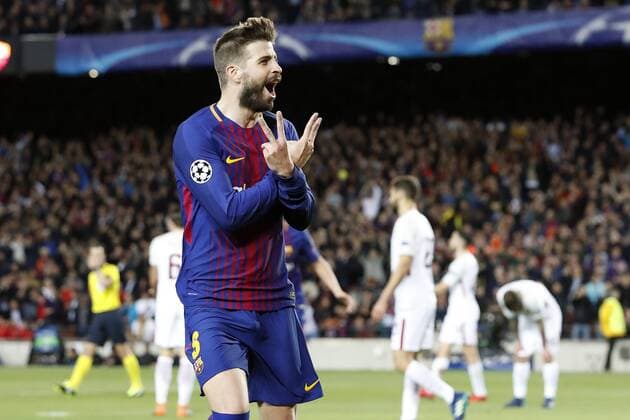Gerard Pique of FC Barcelona Barca during the UEFA Champions League quarter final match between FC Barcelona and AS Roma at the Camp Nou stadium on April 04, 2018 in Barcelona, Spain. UEFA Champions League 2017 2018 xVIxVIxImagesx xMauricexvanxSteenxIVx 10543137