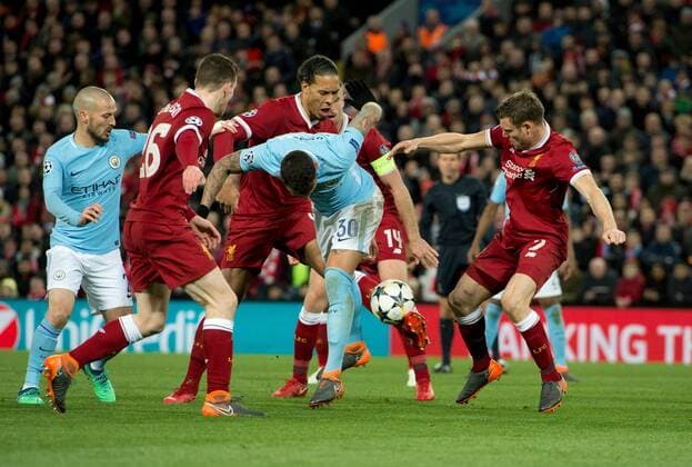 Liverpool v Manchester City UEFA Champions League Quarter Final Liverpool players frustrate Nicolas Otamendi of Manchester City during the UEFA Champions League Quarter Final match at Anfield, Liverpool Content Not Available For UK Newspapers Copyright: xRussellxHartx FIL-11605-0018
