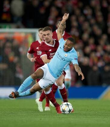 Liverpool v Manchester City UEFA Champions League Quarter Final Raheem Sterling of Manchester City (nearest) is fouled by Jordan Henderson of Liverpool during the UEFA Champions League Quarter Final match at Anfield, Liverpool Content Not Available For UK Newspapers Copyright: xRussellxHartx FIL-11605-0020