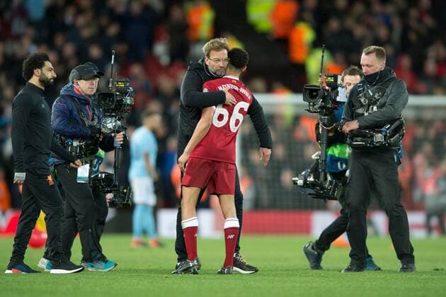 Liverpool v Manchester City UEFA Champions League Quarter Final Liverpool manager Jurgen Klopp with Trent Alexander-Arnold of Liverpool following the UEFA Champions League Quarter Final match at Anfield, Liverpool Content Not Available For UK Newspapers Copyright: xRussellxHartx FIL-11605-0023
