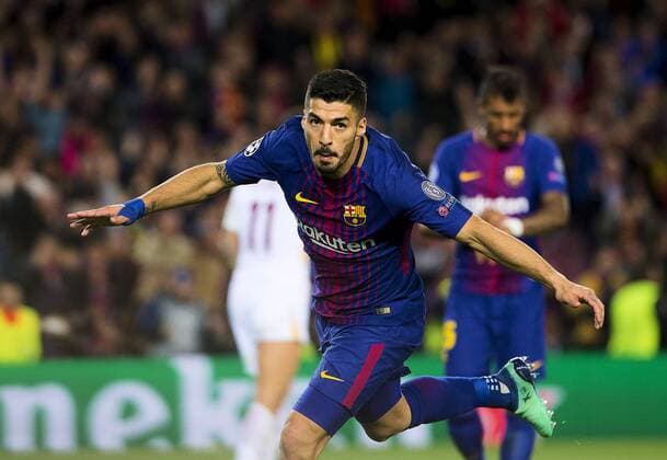 04.04.2018, xslx, Fussball Champions League Viertelfinale, FC Barcelona Barca - AS Roma, emspor v.l. Luis Suarez (FC Barcelona) Jubelt nach dem Tor zum 4-1 Barcelona