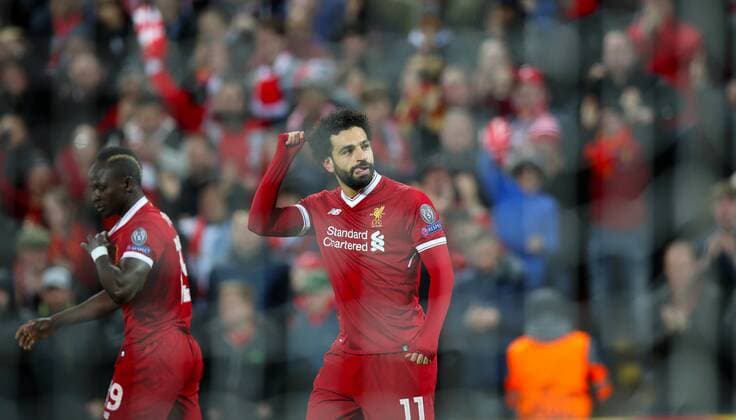 Football - 2017 2018 UEFA Champions League - Quarter-Final, First Leg: Liverpool vs. Manchester City Mohamed Salah of Liverpool celebrates scoring the first goal at Anfield. COLORSPORT LYNNE CAMERON 