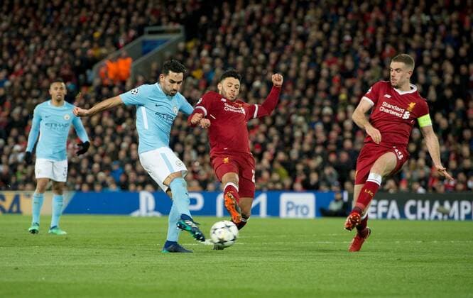 Liverpool v Manchester City UEFA Champions League Quarter Final ?lkay Gundogan of Manchester City shoots at goal during the UEFA Champions League Quarter Final match at Anfield, Liverpool Content Not Available For UK Newspapers Copyright: xRussellxHartx FIL-11605-0047