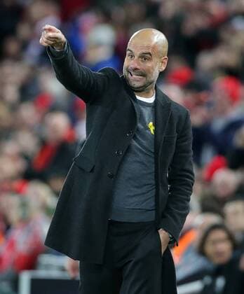 4th April 2018, Anfield, Liverpool, England; UEFA Champions League football, quarter final 1st leg, Liverpool versus Manchester City; Pep Guardiola, manager of Manchester City directs his players from the technical area during the second half as they start to press  ActionPlus12008559